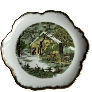 Currier & Ives Old Homestead in Winter Decorative Collector Plate Gold Trim